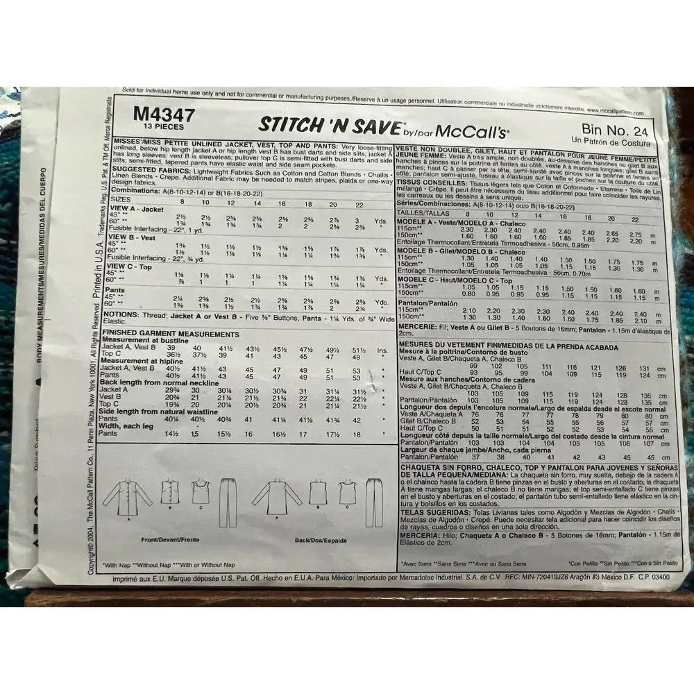 McCalls pattern 4347 tank top vest shacket elastic waist pants